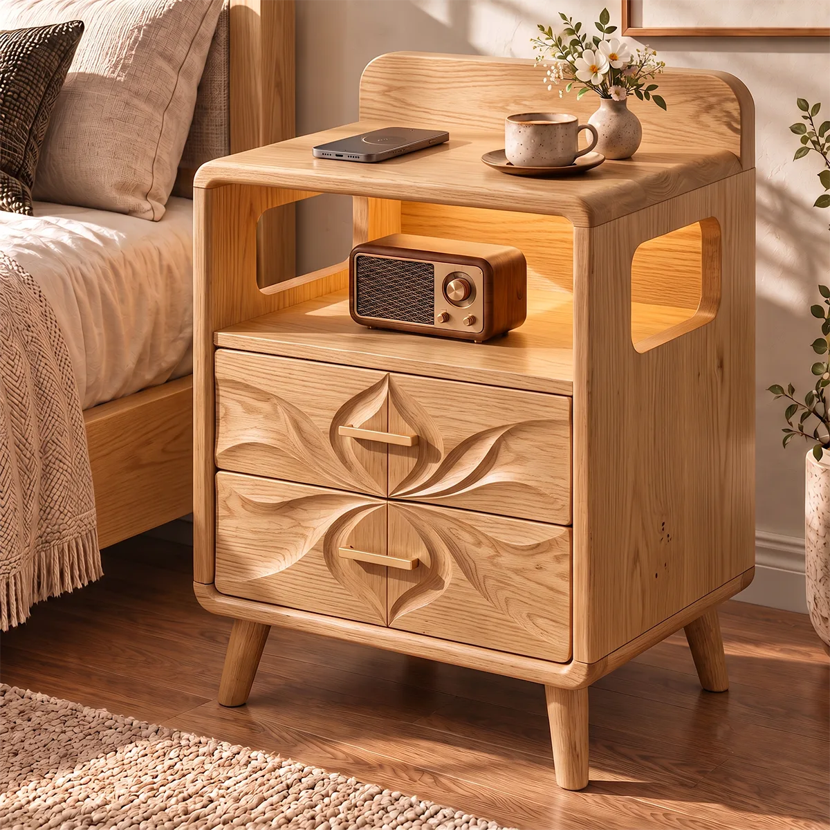 Sculptural Floral 2-Drawer Nightstand with Open Shelf | Carved Modern Bedside Table HG021-5NTU5QO