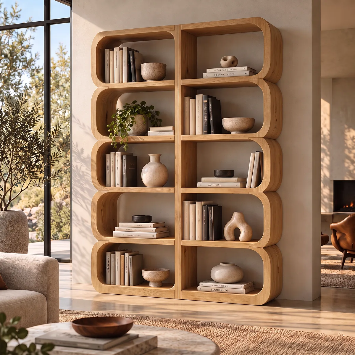 Tall Rounded Open Bookcase | 10-Cubby Modern Bookshelf with Sculptural Curved Frame HG021-4YOT6AX