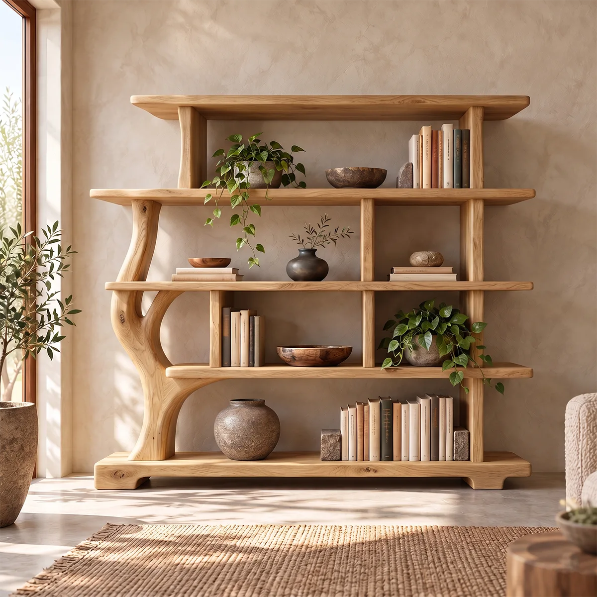 Tree-Inspired Sculptural Bookshelf | Organic Modern Open Bookcase with Asymmetrical Shelves HG021-5HPG6UX