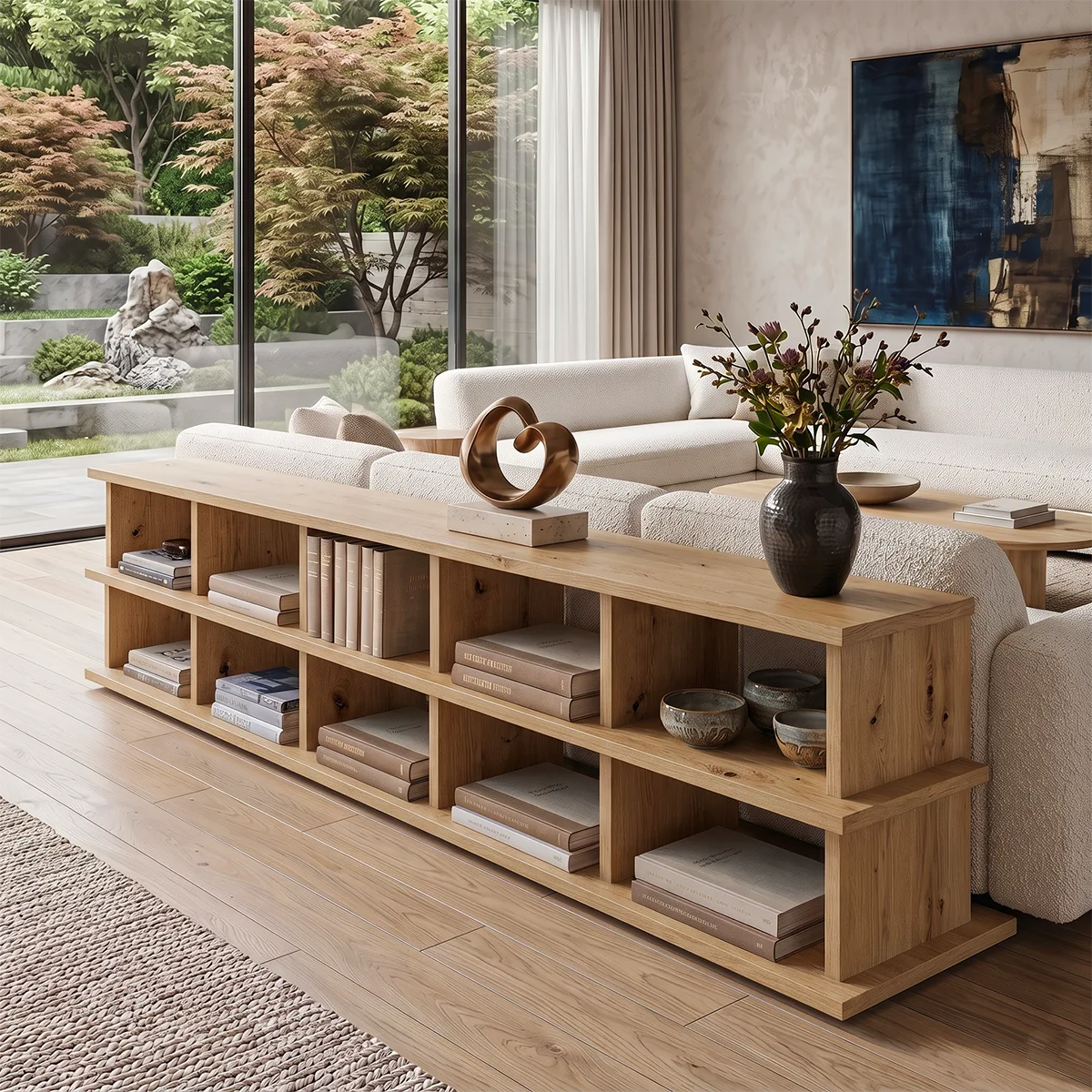 Low Profile Open Bookshelf | Long Modern Bookcase with Multi-Cubby Storage HG021-7BZB7HG