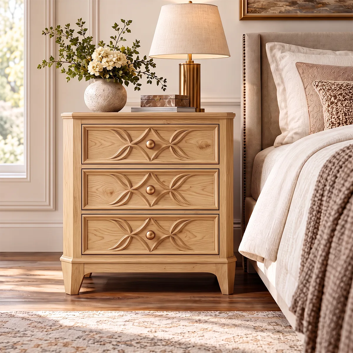 Carved 3-Drawer Nightstand | Decorative Bedside Table with Sculpted Geometric Fronts HG021-7GDR2YD