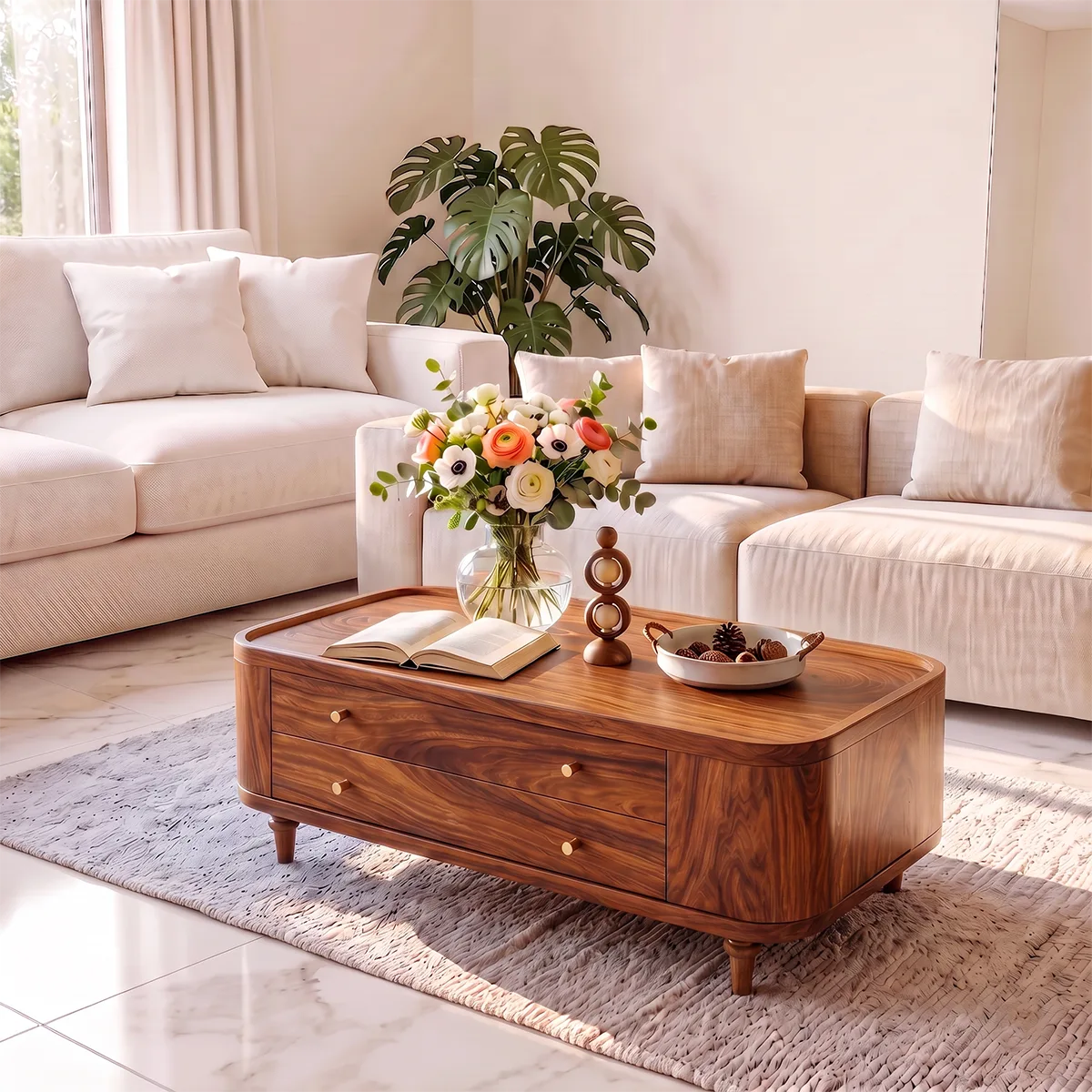 Rectangular Coffee Table with 2 Storage Drawers & Rounded Corners | Modern Living Room Table HG021-5JOP8KT