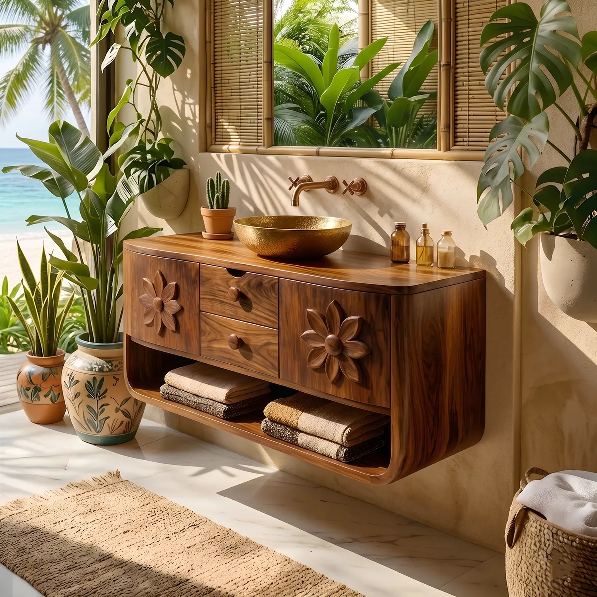 Floating Solid Wood Bathroom Vanity | Floral Carved Wall Mounted Vanity Cabinet with Open Shelf HG021-1071