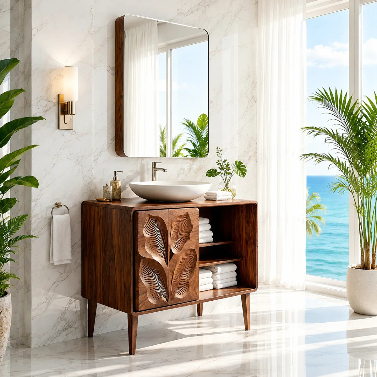 Leaf Carved Bathroom Vanity Cabinet with Open Shelving HG021-6447