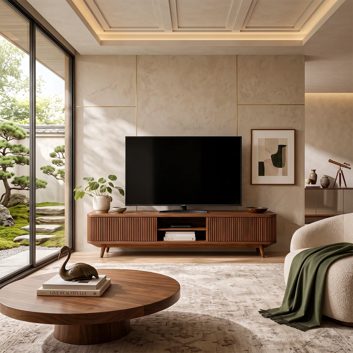 Fluted Wood TV Stand with Open Shelves | Modern Media Console HG021-8DUV7FV