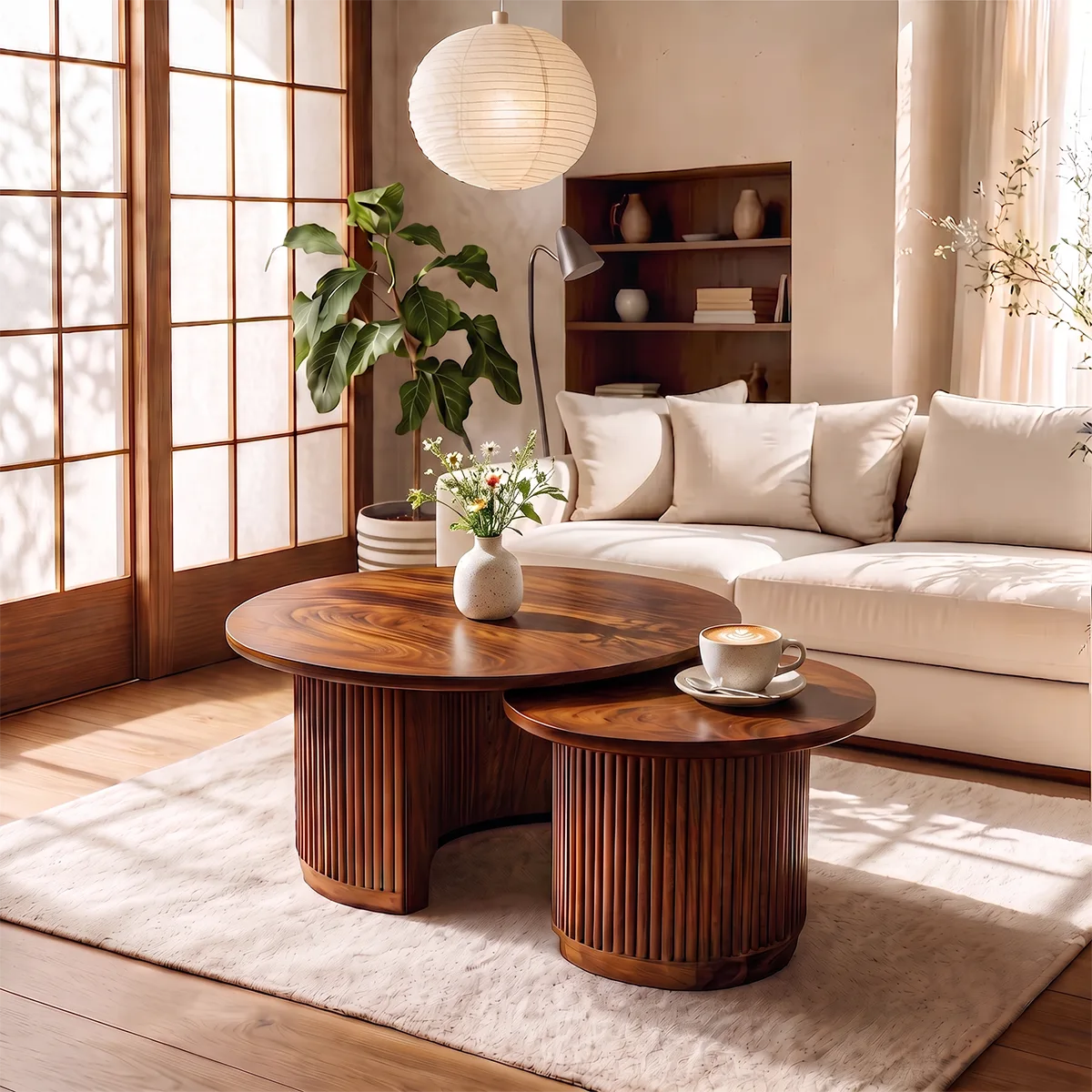 2-Piece Round Nesting Coffee Table Set with Fluted Base | Modern Space-Saving Center Tables HG021-9LVR6EA