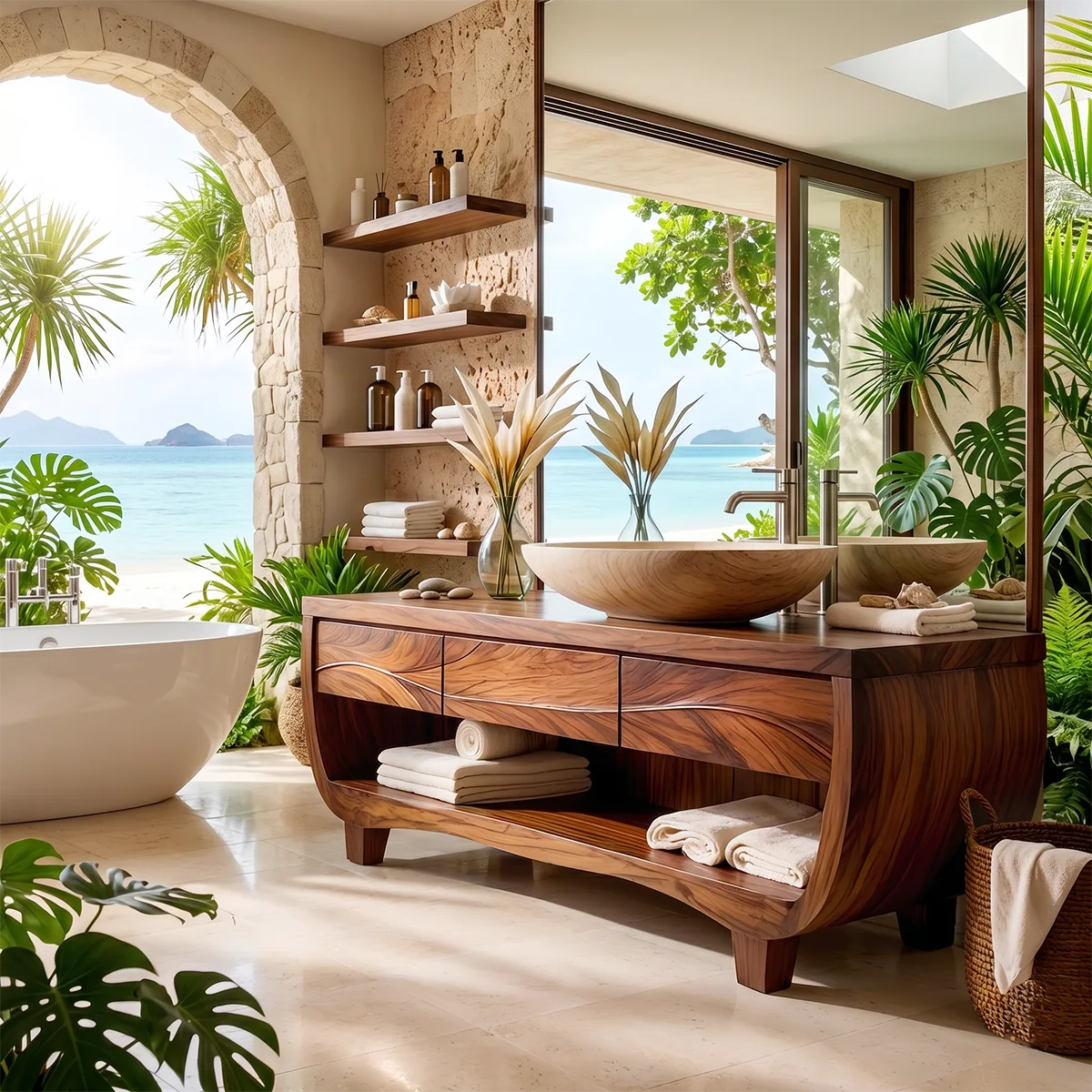Solid Wood Double Sink Bathroom Vanity | Curved Bathroom Vanity Cabinet with Open Shelf & Drawers HG021-2095