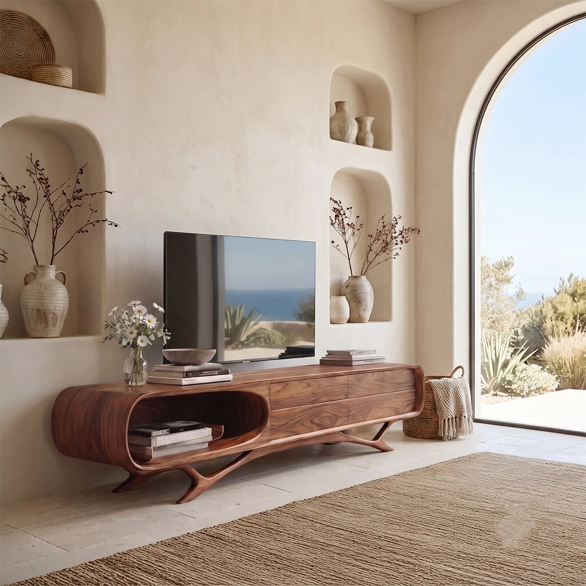 Curved Wood TV Stand with Drawers & Open Shelf | Modern Media Cabinet HG021-3QWT2KN