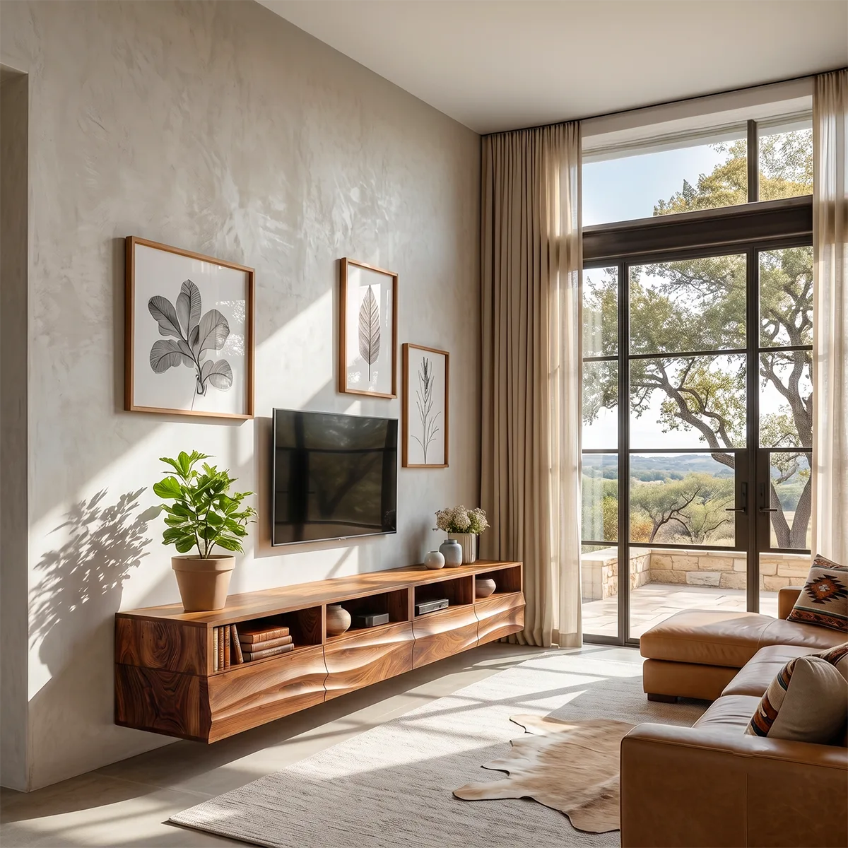 Modern Floating TV Stand with Flowing Wave Front and Open Display Shelves HG021-3RHL3JI