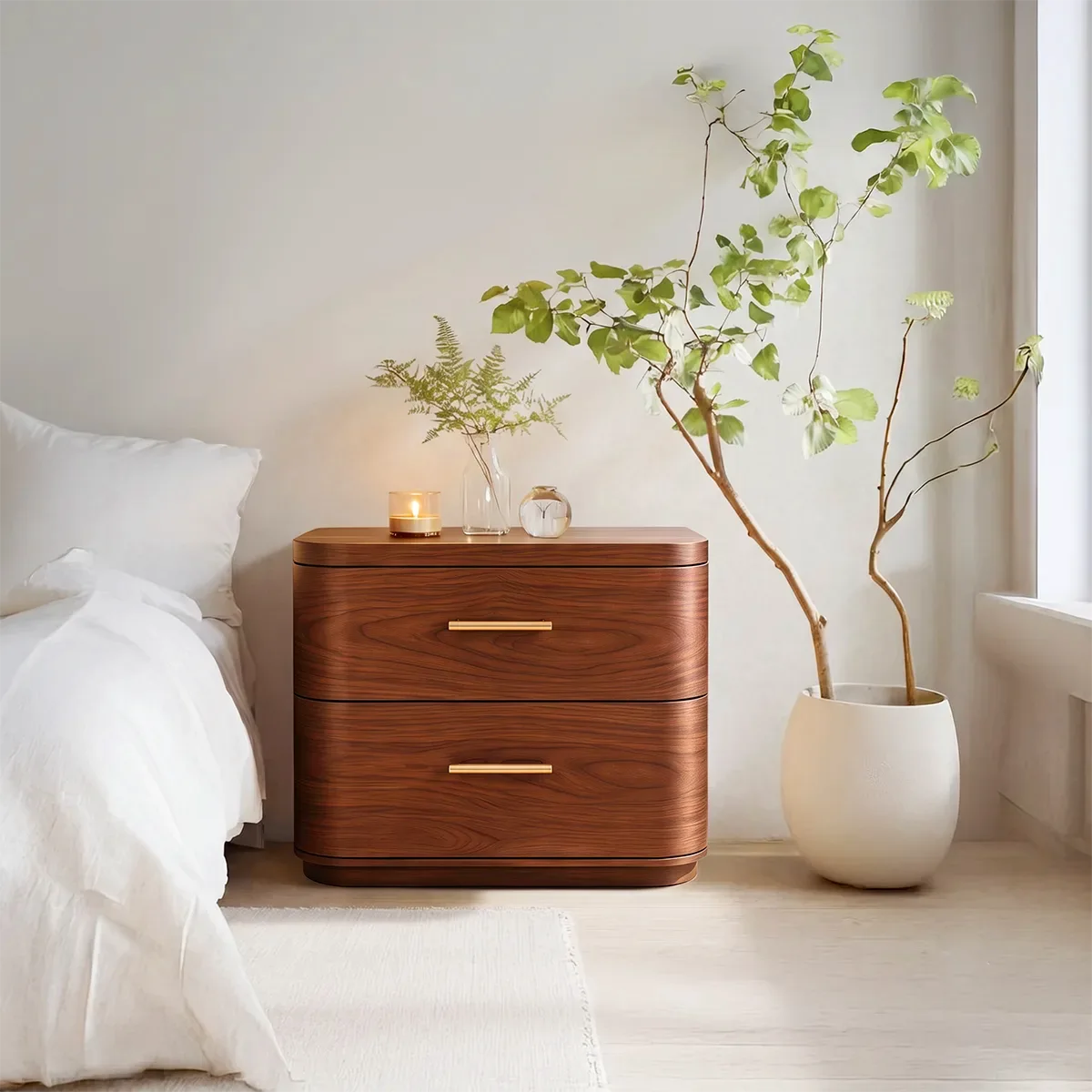 Modern Rounded 2-Drawer Nightstand | Curved Bedside Table with Metal Bar Handles HG021-1SFU3IV