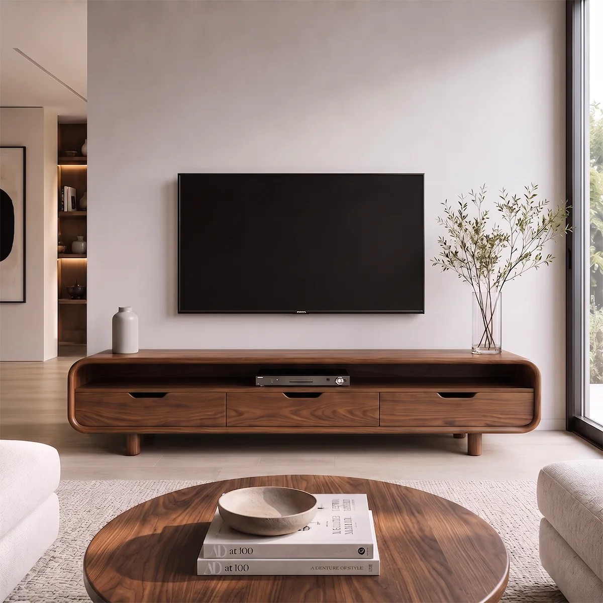 Rounded Wood TV Stand with 3 Drawers | Modern Media Console HG021-6RPM7IQ