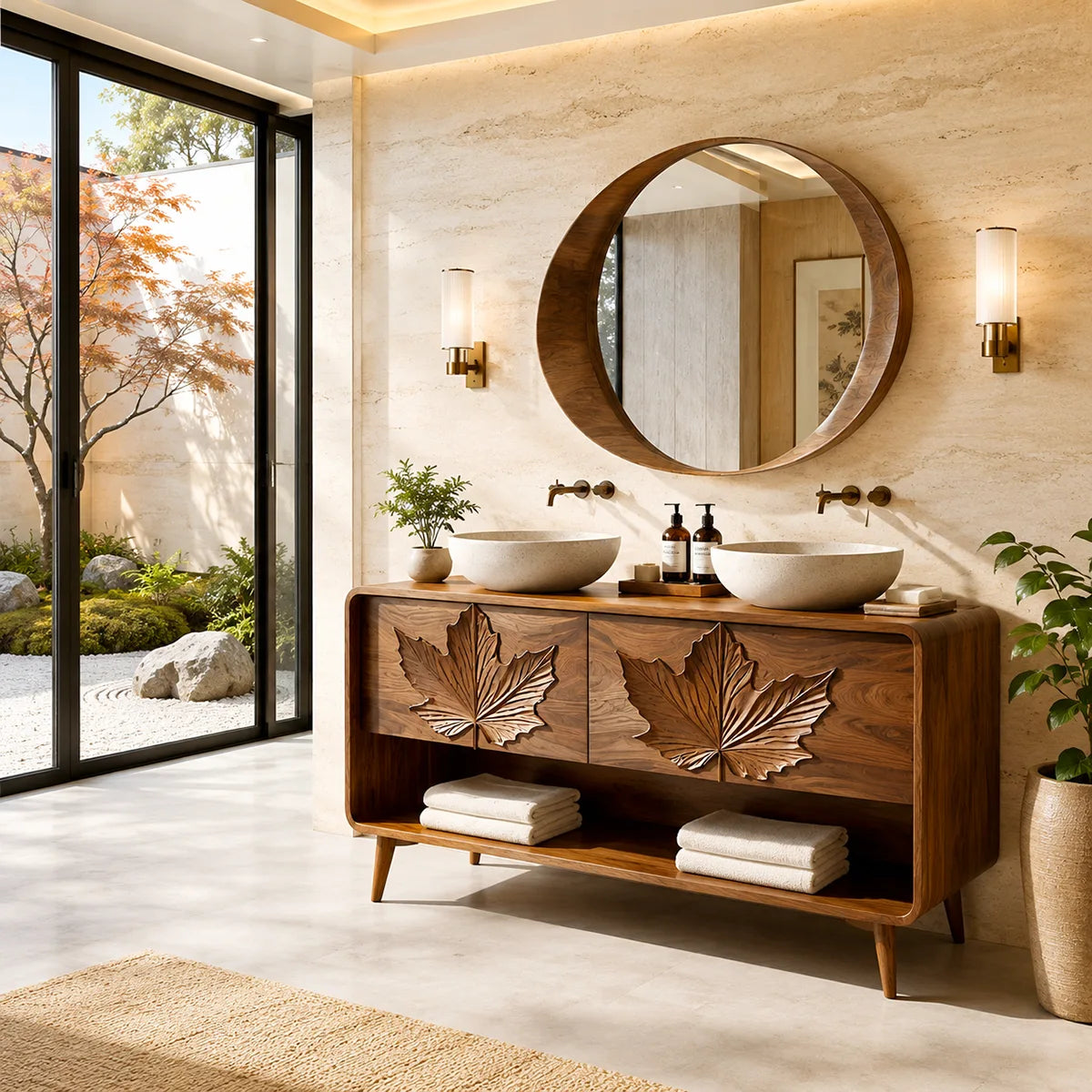 Japanese Inspired Leaf Carved Bathroom Vanity Cabinet HG021-6349
