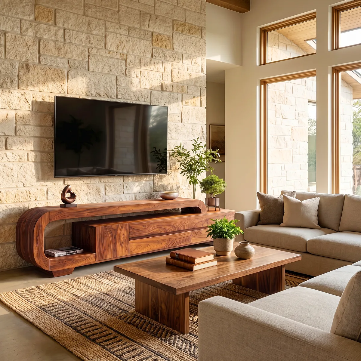 Curved Wood TV Stand with Drawers & Storage | Modern Media Cabinet HG021-1SBA3RR