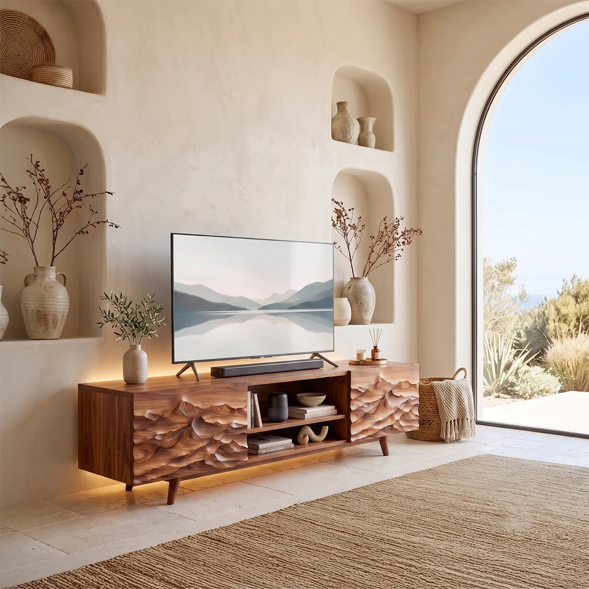 Modern Mountain Relief TV Stand | Contemporary Media Console with Sculpted Landscape Doors HG021-5KXU7XE