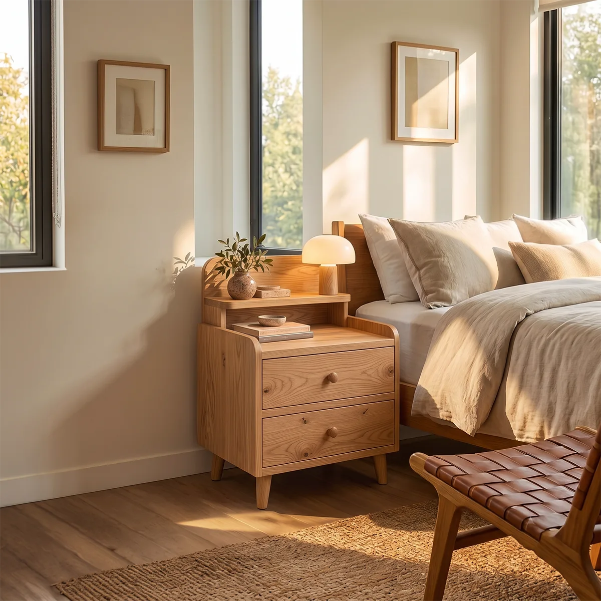 2-Drawer Nightstand with Open Shelf | Mid-Century Bedside Table with Raised Top HG021-8VLX2RD