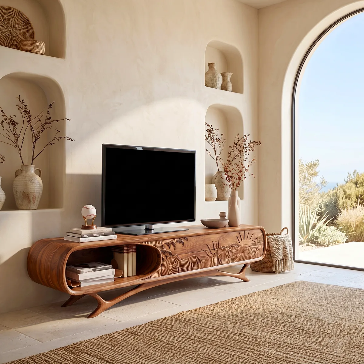 Sunrise Landscape Carved Wood TV Stand with Curved Frame | Sculptural Media Console HG021-2WSZ4IX
