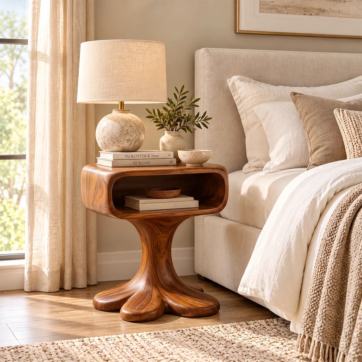 Sculptural Pedestal Nightstand with Open Shelf | Organic Modern Bedside Table HG021-9PAX4MM