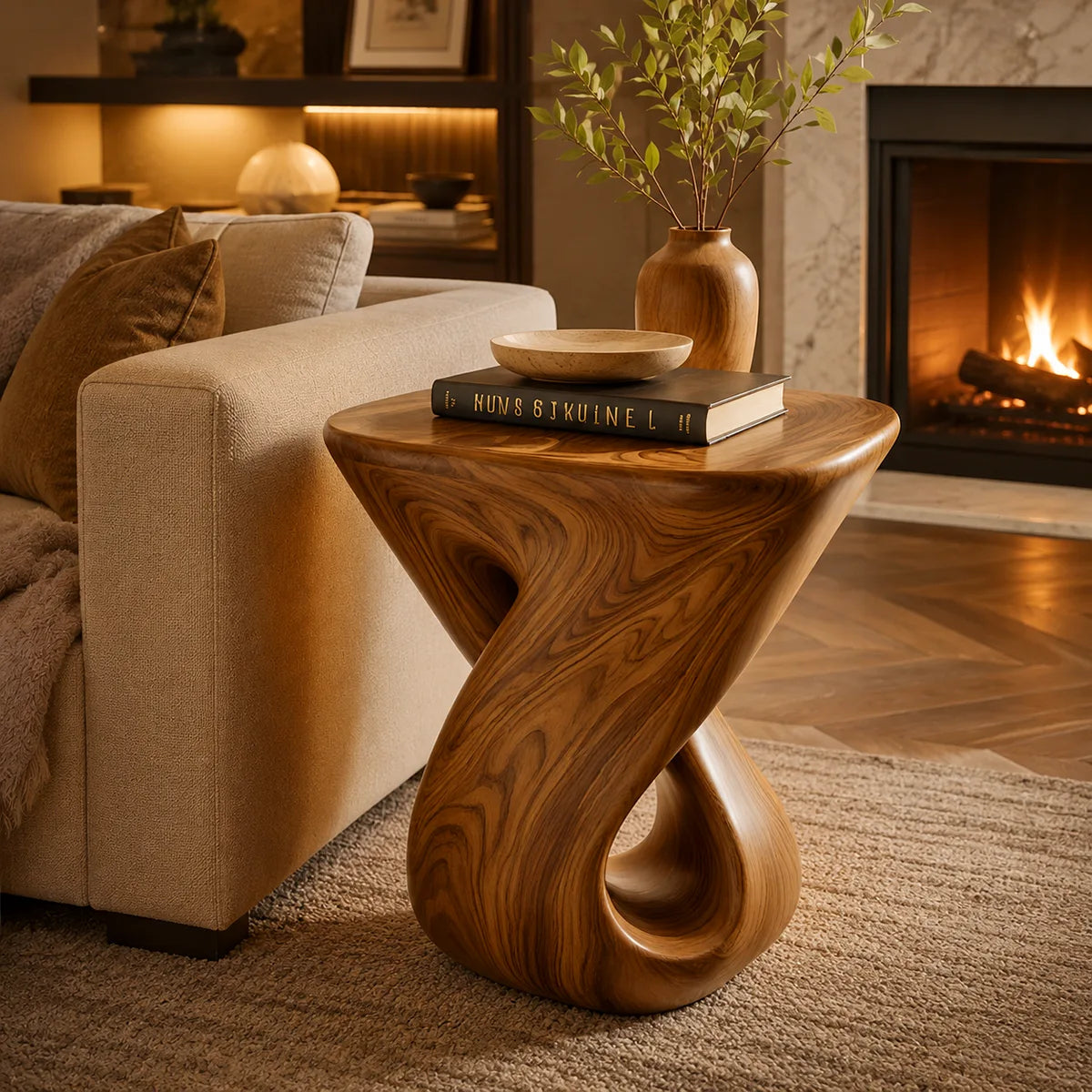 Modern Rounded Square End Table | Twisted Sculptural Accent Side Table HG021-9463