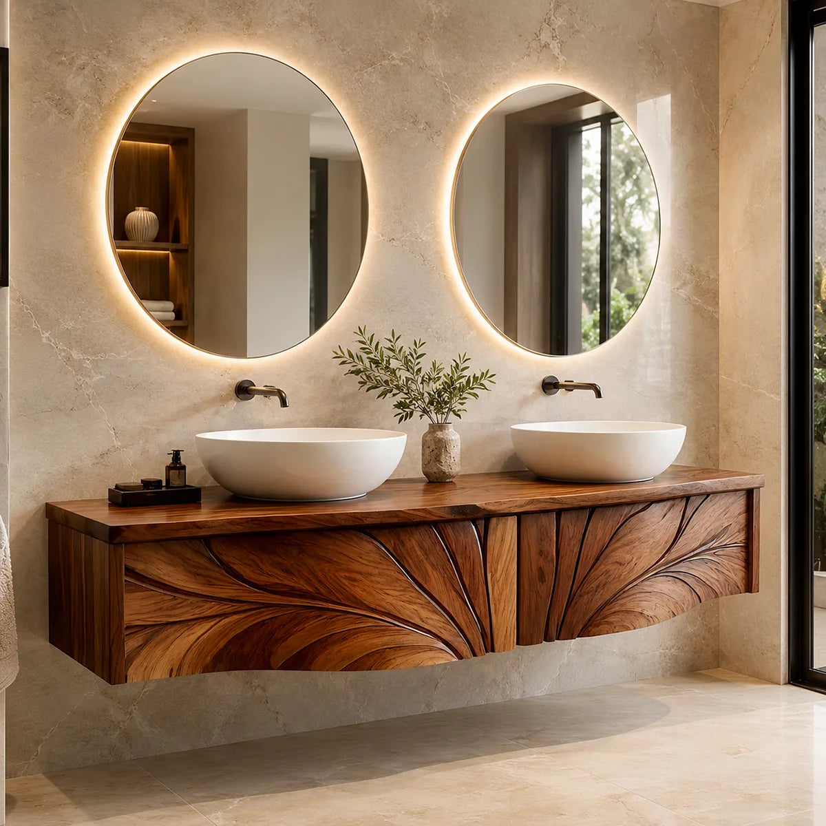 Luxury Double Sink Floating Bathroom Vanity with Sculptural Carved Design HG021-2639