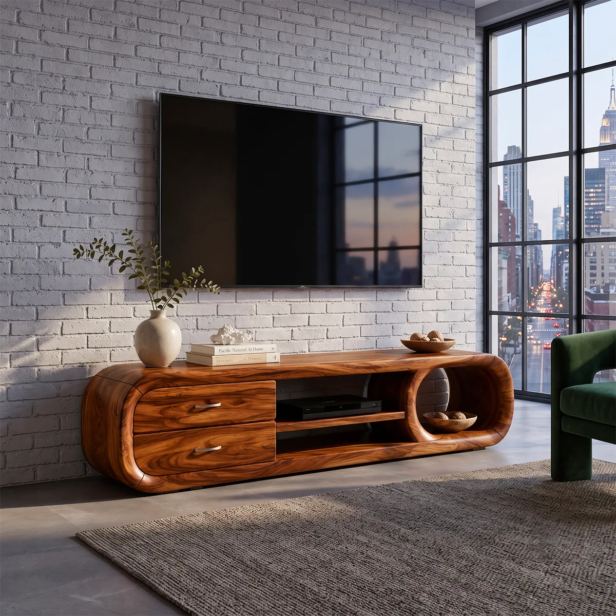 Modern Curved TV Stand with 2 Drawers & 3 Open Storage Areas TT006-8EDM7QK