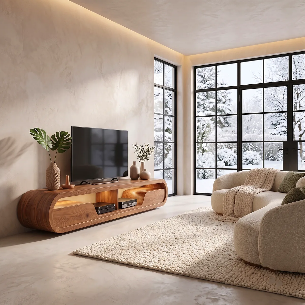 Modern Curved TV Stand with 2 Open Media Compartments | Sculptural Low Profile Console TT006-4KOT9JE
