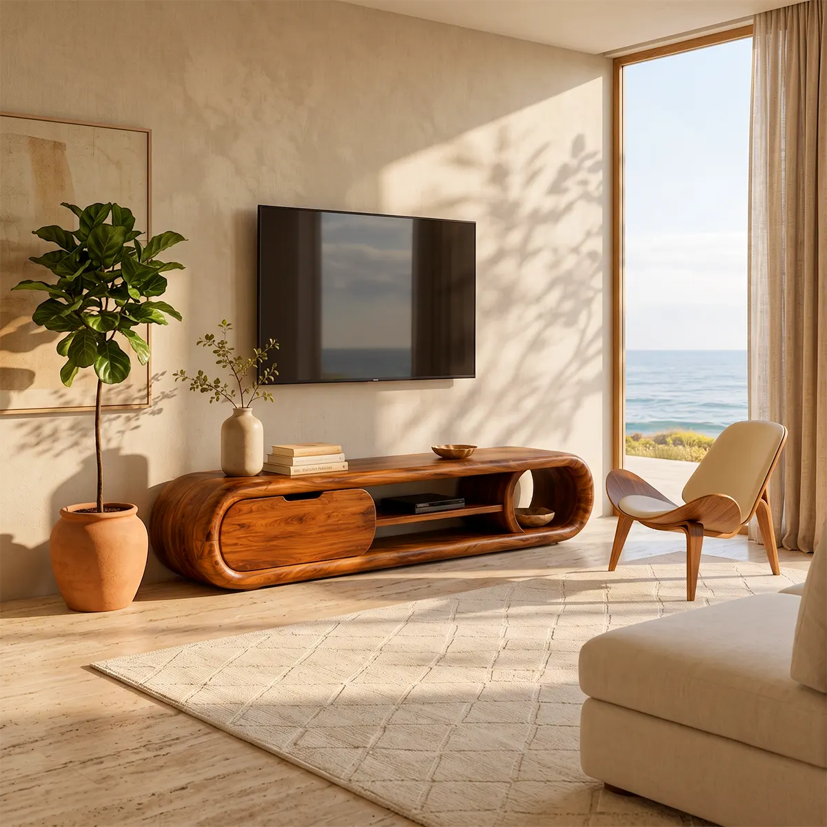 Modern Curved TV Stand with Enclosed Storage & 3 Open Compartments TT006-6RBE5GQ