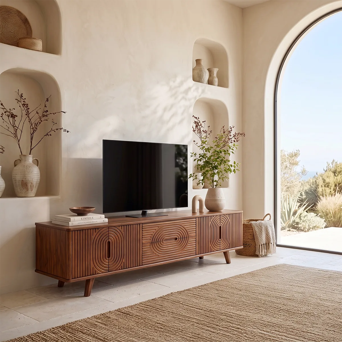 Geometric Fluted Wood TV Stand with Drawers & Cabinets | Mid-Century Media Console HG021-7RAV5YV