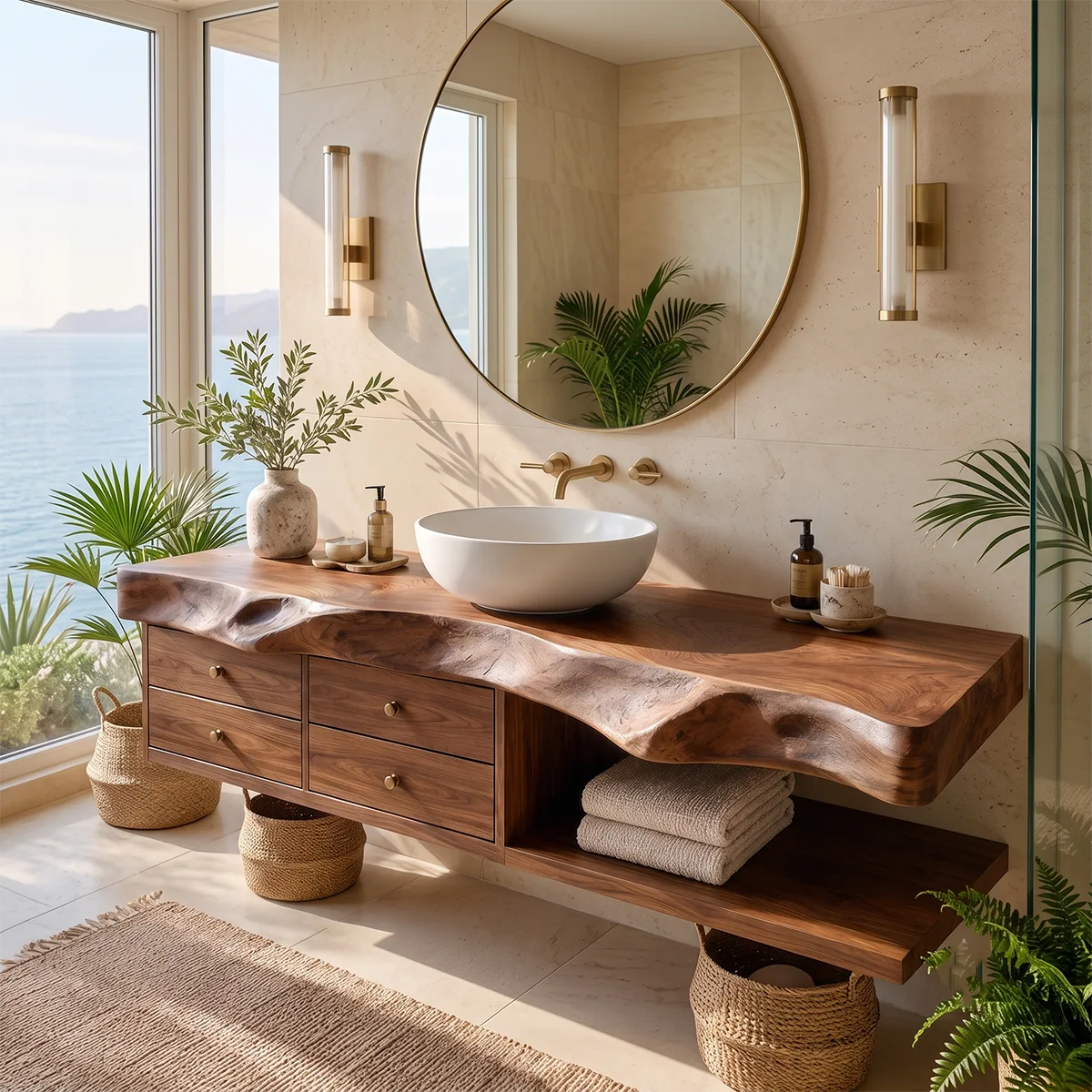 Organic Bathroom Vanity with 4 Drawers & Open Shelf | Freeform Edge Vanity Cabinet TT006-9HXZ1BE