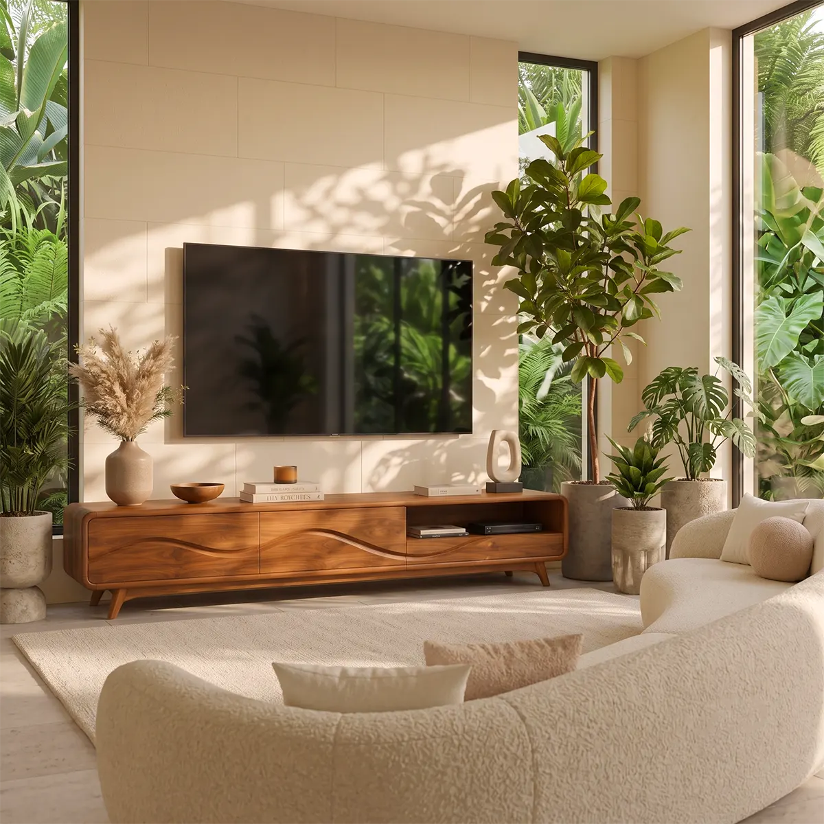 Modern TV Stand with 2 Enclosed Cabinets & Open Storage | Sculpted Wave Media Console TT006-9ORW3JY