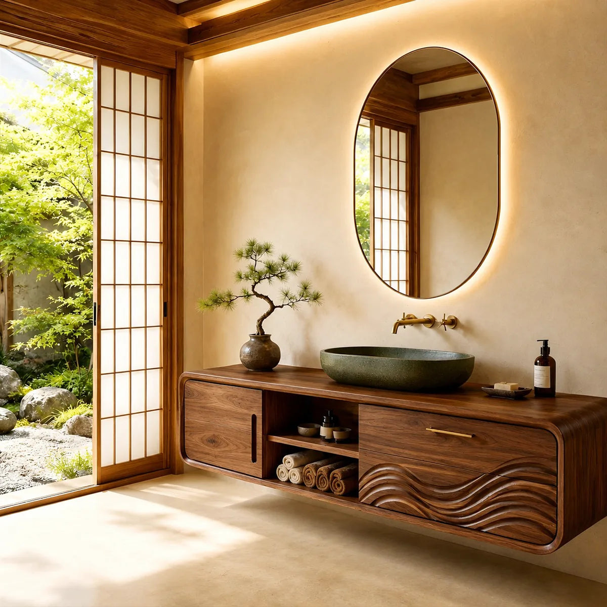 Modern Floating Bathroom Vanity with Sculptural Wave Door Design HG021-2980