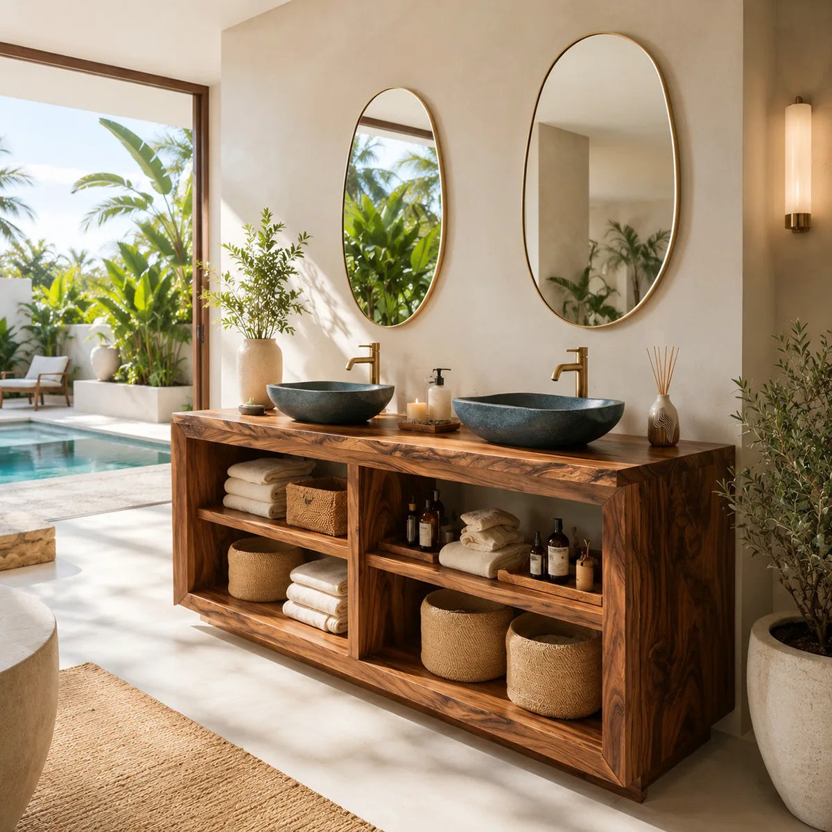 Modern Double Bathroom Vanity with Open Shelving and Spa-Inspired Storage HG021-2663