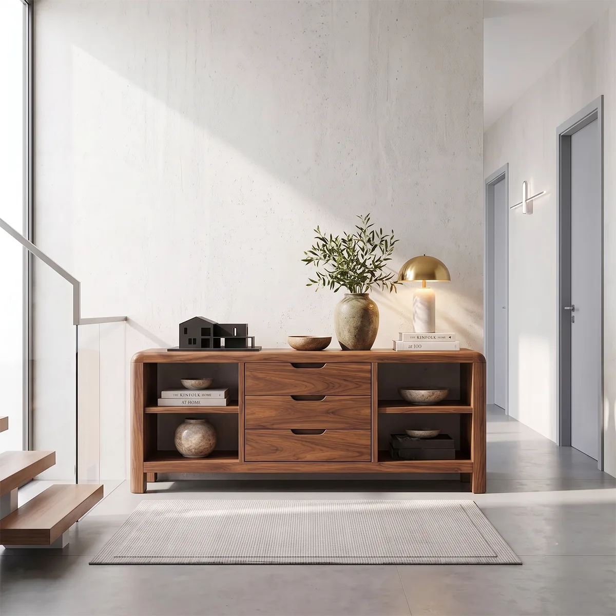 Modern Sideboard with 3 Drawers and 4 Open Shelves | Rounded Storage Console HG021-9VPB8MA
