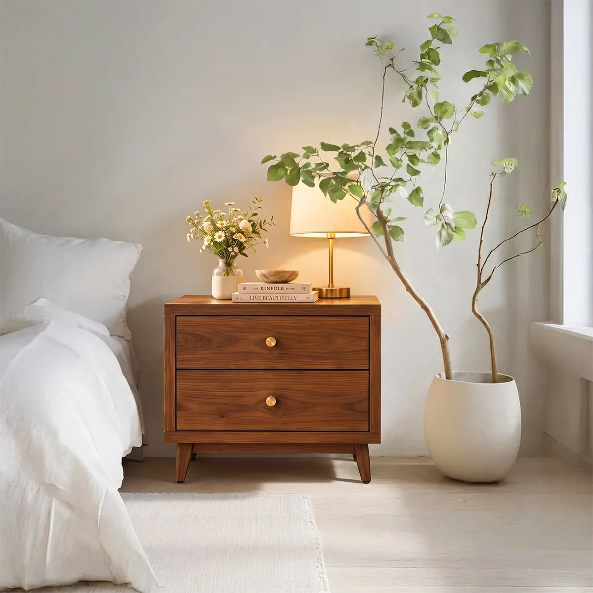 Modern 2-Drawer Nightstand | Mid-Century Bedside Table with Tapered Legs HG021-2UAT4VG
