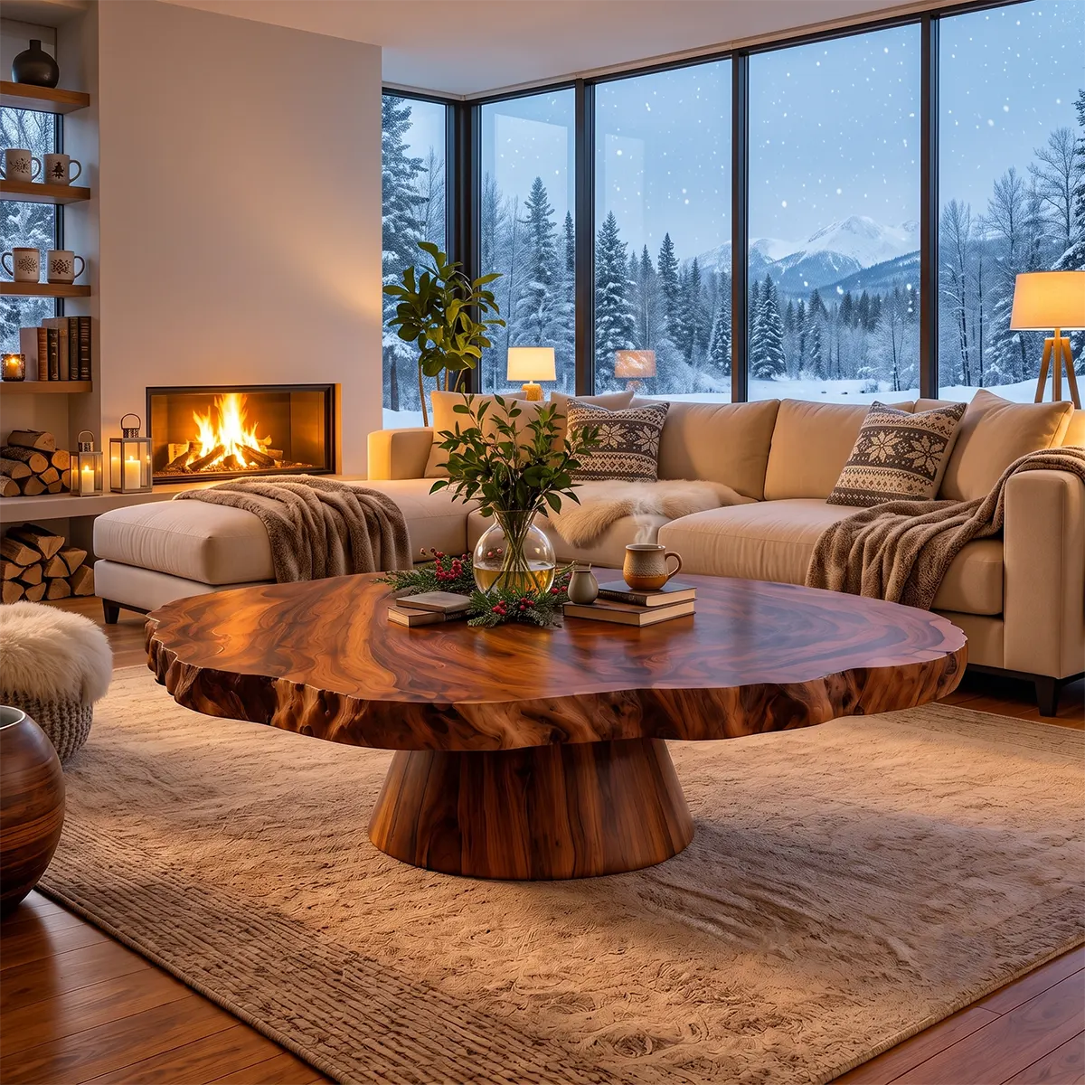 Organic Live Edge Coffee Table with Central Pedestal Base | Large Round Living Room Table TT006-8QFP3HS