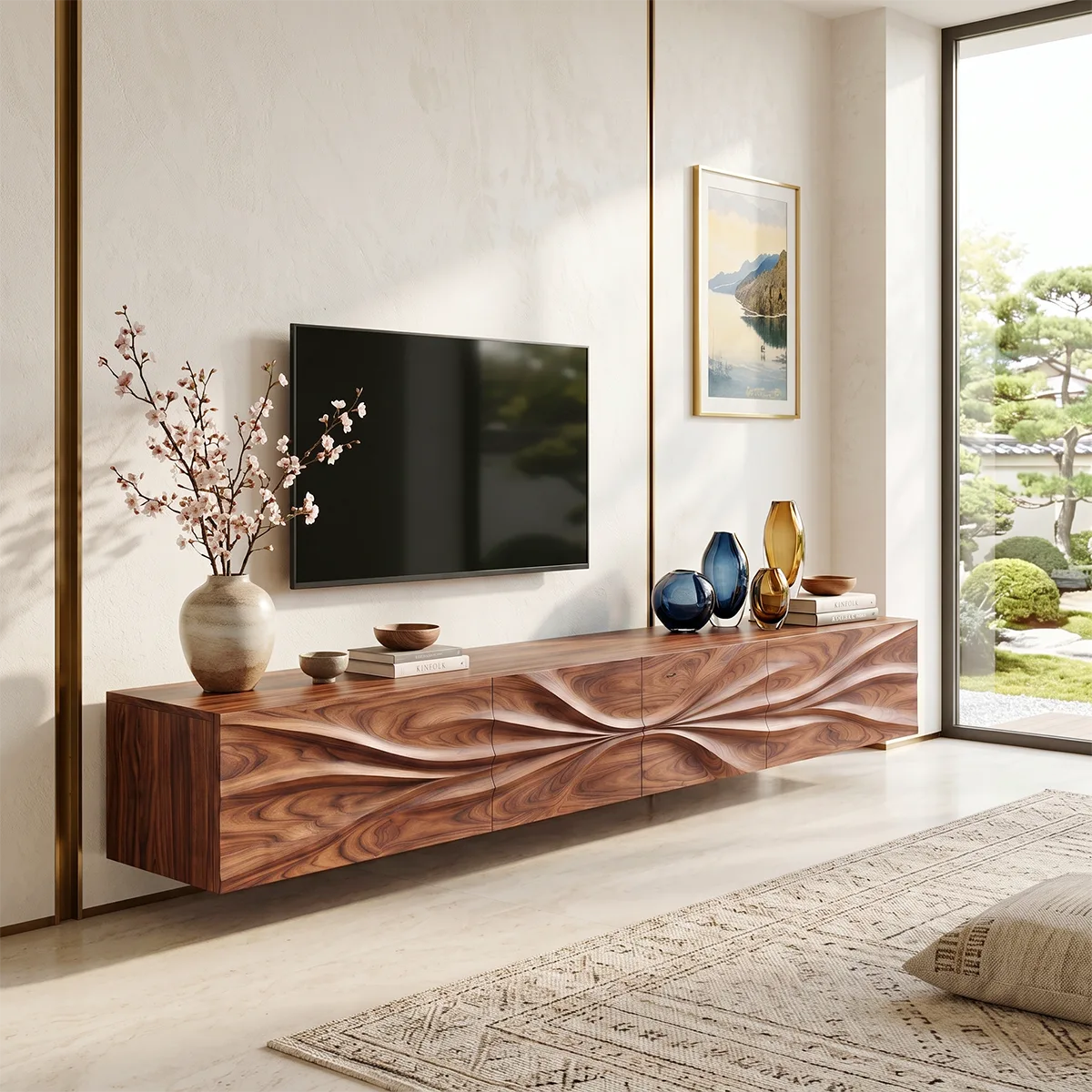 Floating Wood TV Stand with Sculpted Wave Front | Carved Media Console HG021-6VHU4ZT