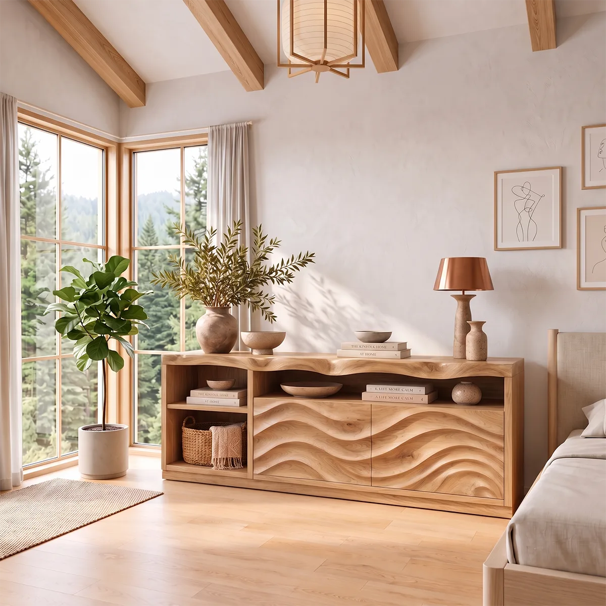 Sculptural Wave Sideboard with 2 Cabinet Doors and Open Shelves | Modern Storage Cabinet HG021-4LWU7BC