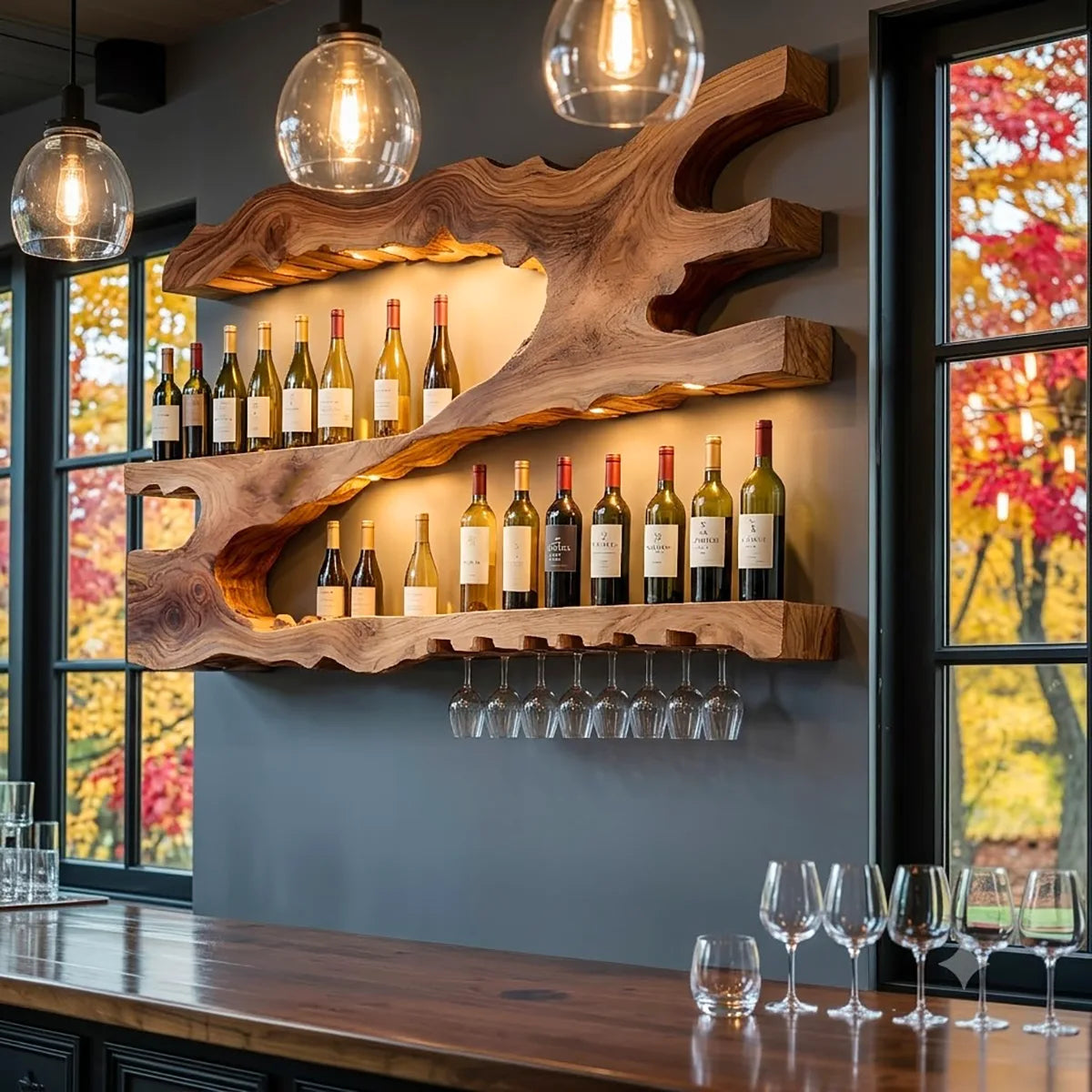 Live Edge Solid Wood Wall Wine Rack for Home Bars & Wine Lovers HG021-4091