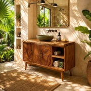 Tropical Modern Bathroom Vanity with Hand-Carved Doors and Open Storage HG021-1910