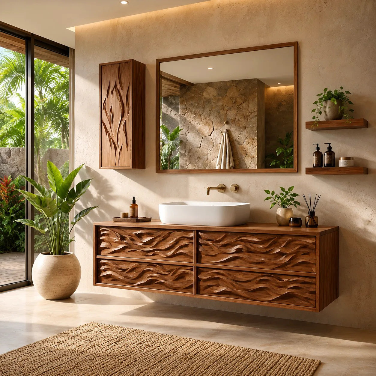 Carved Floating Bathroom Vanity | Sculptural Wall Mounted Bathroom Cabinet HG021-5018
