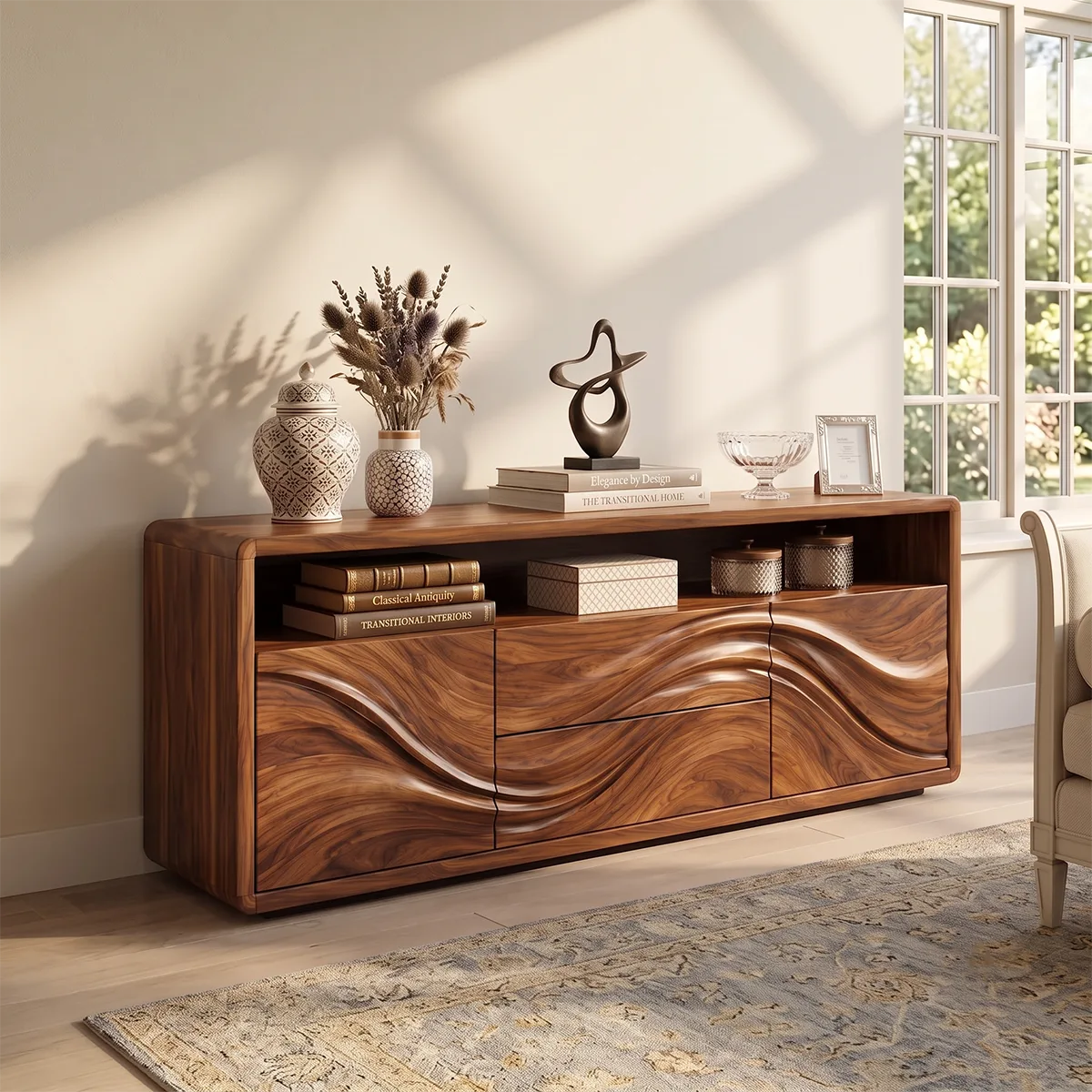 Sculptural Wave Sideboard with 2 Drawers, 2 Cabinets and Open Shelf | Modern Storage Cabinet HG021-9WUN9IL
