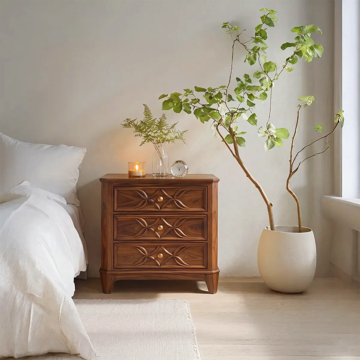 Carved 3-Drawer Nightstand | Decorative Bedside Table with Sculpted Geometric Fronts HG021-7GDR2YD