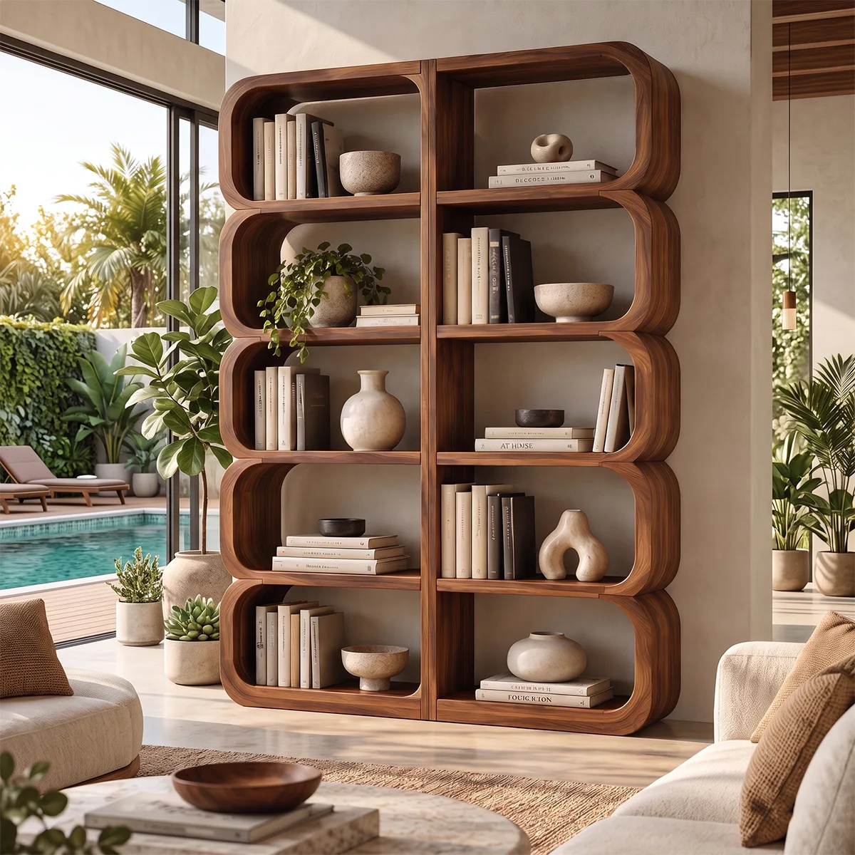 Tall Rounded Open Bookcase | 10-Cubby Modern Bookshelf with Sculptural Curved Frame HG021-4YOT6AX