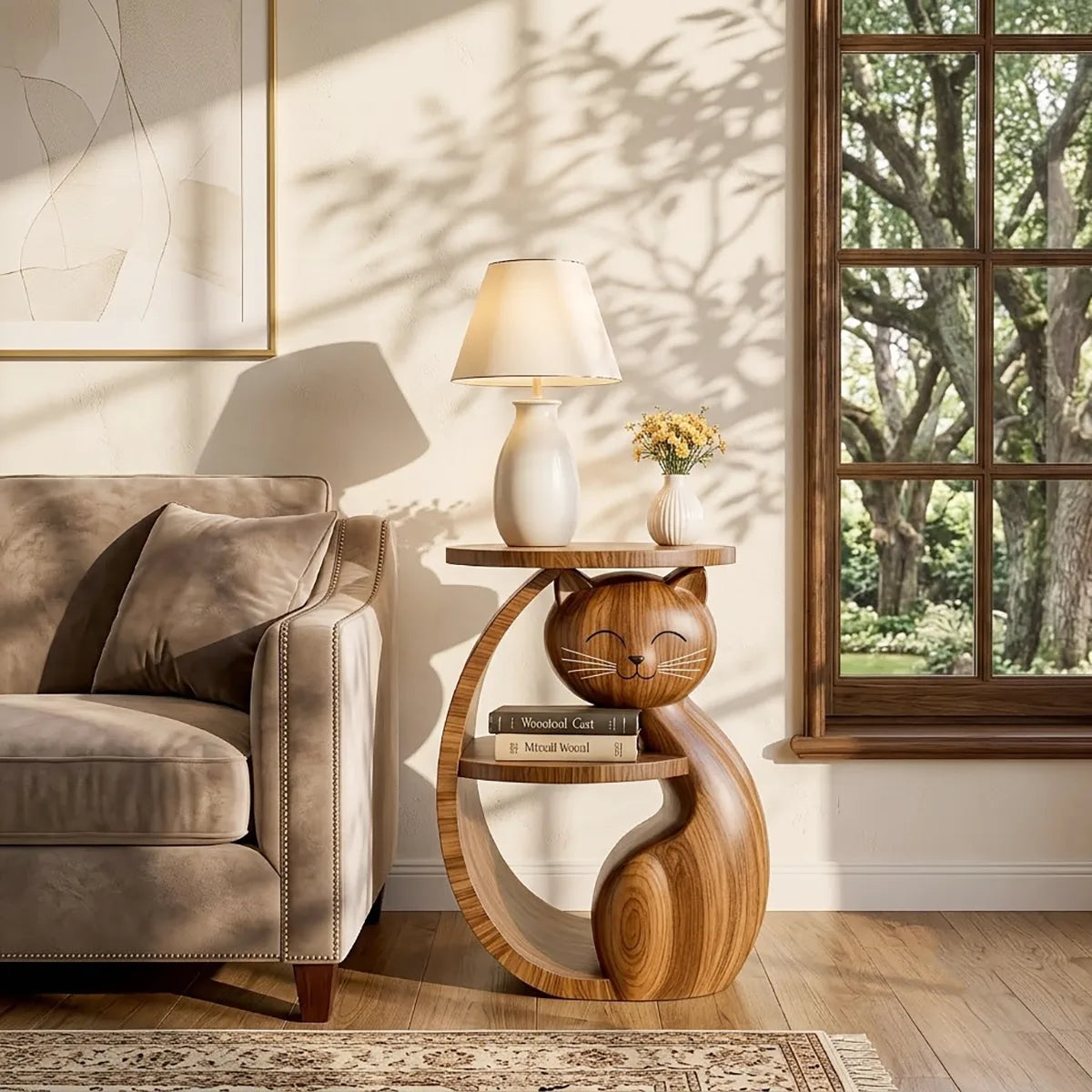 Whimsical Solid Wood Cat Side Table for Living Rooms & Cat Lovers HG021-4574