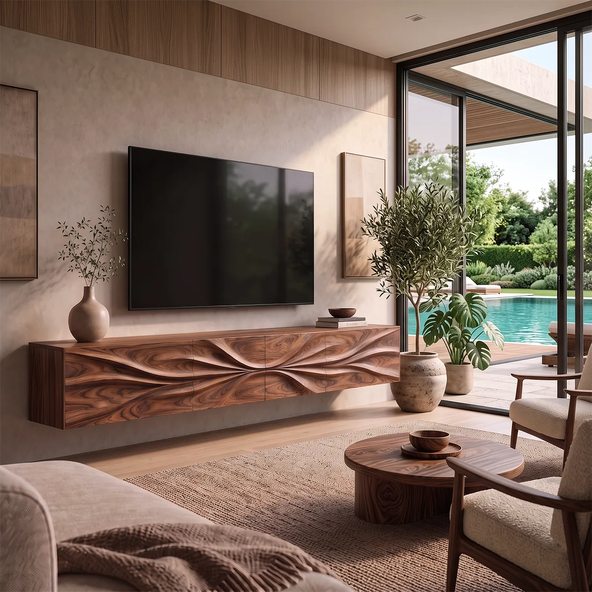 Floating Wood TV Stand with Sculpted Wave Front | Carved Media Console HG021-6VHU4ZT