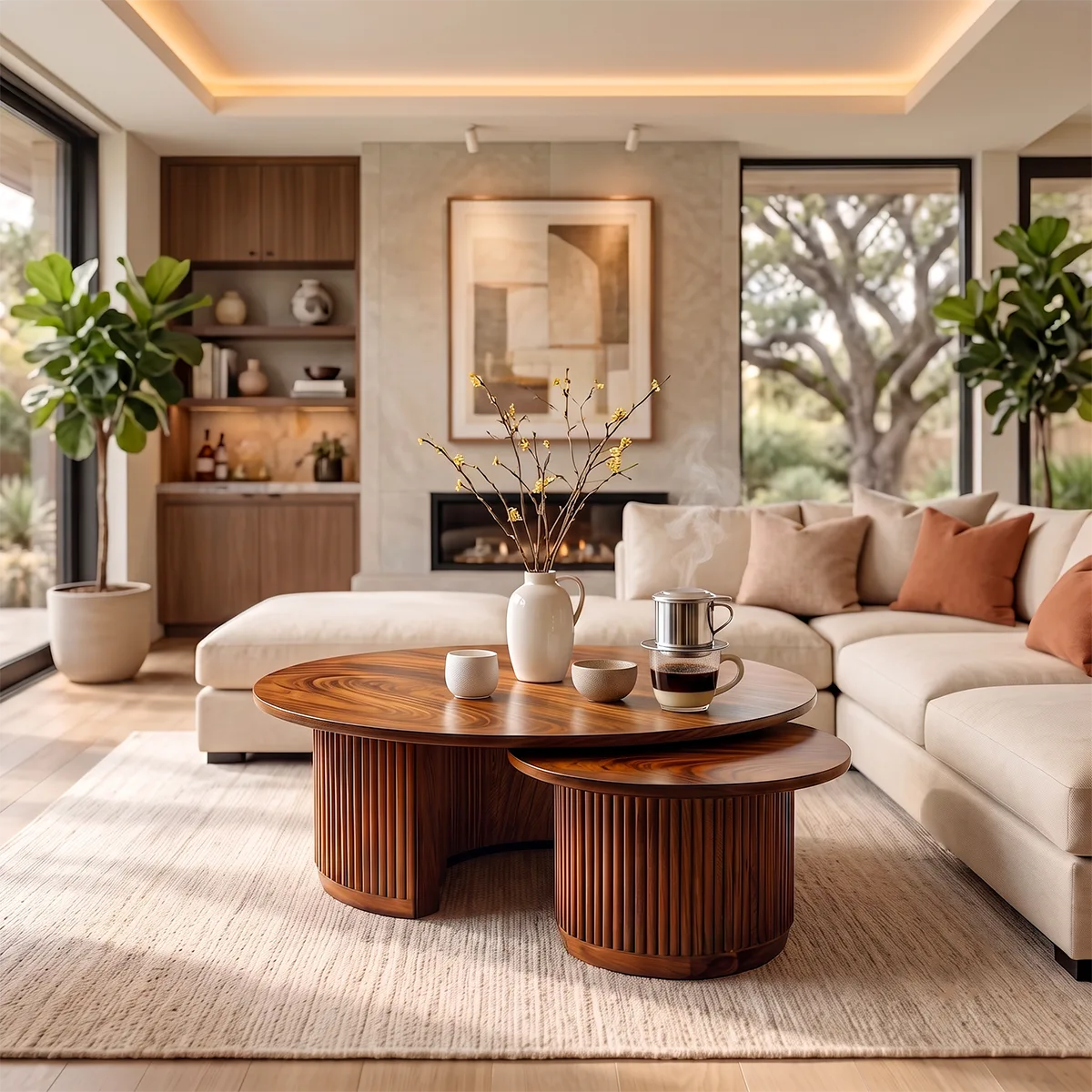 2-Piece Round Nesting Coffee Table Set with Fluted Base | Modern Space-Saving Center Tables HG021-9LVR6EA