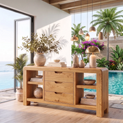 Modern Sideboard with 3 Drawers and 4 Open Shelves | Rounded Storage Console HG021-9VPB8MA