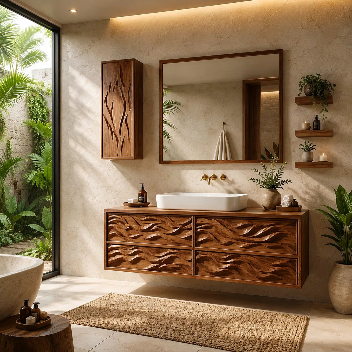 Carved Floating Bathroom Vanity | Sculptural Wall Mounted Bathroom Cabinet HG021-5018