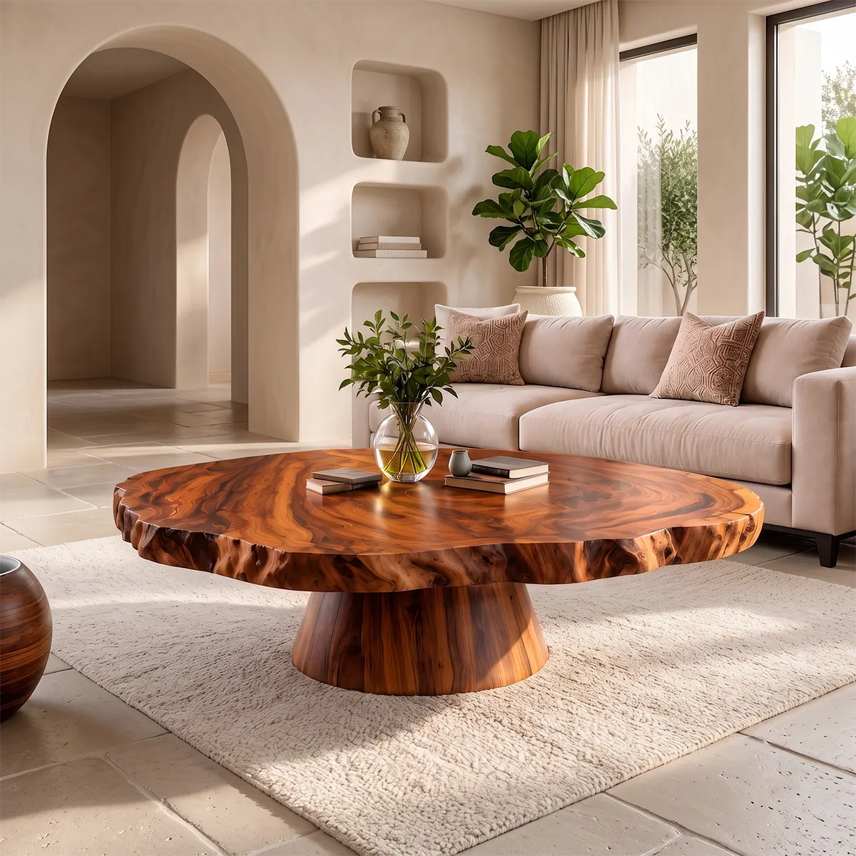 Organic Live Edge Coffee Table with Central Pedestal Base | Large Round Living Room Table TT006-8QFP3HS