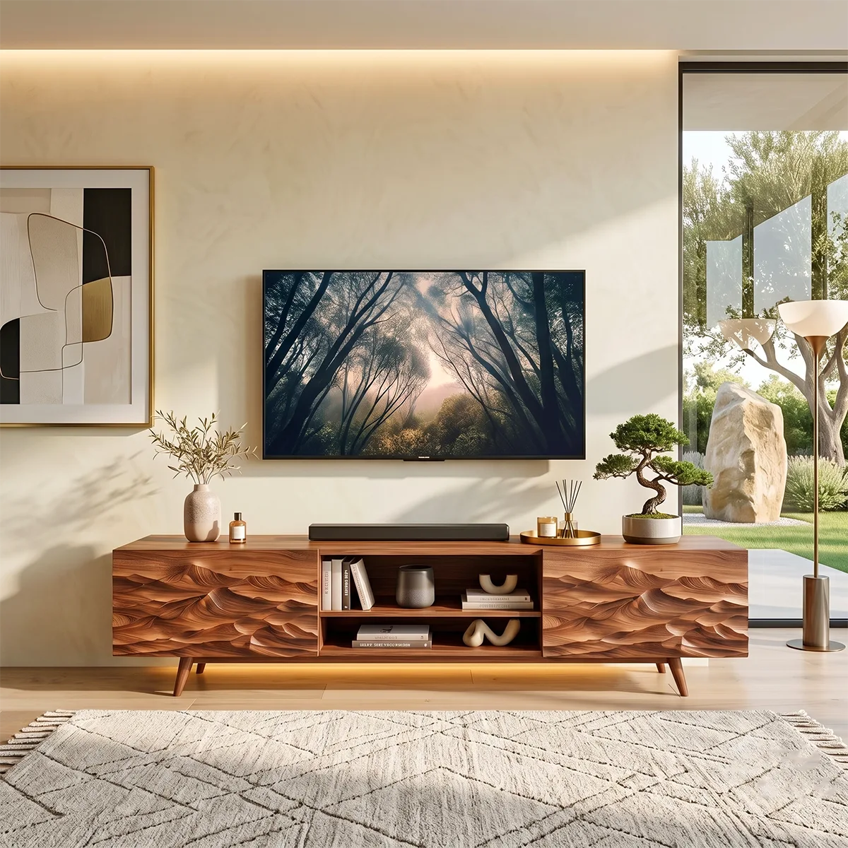 Modern Mountain Relief TV Stand | Contemporary Media Console with Sculpted Landscape Doors HG021-5KXU7XE