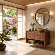 Geometric Leaf Carved Bathroom Vanity with Open Storage HG021-8975